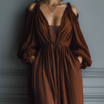 Women's Chocolate Brown Cotton And Linen Off-the-shoulder V-neck Long Dress
