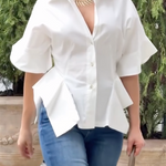 Half Sleeves Loose Buttoned Solid Color Lapel Blouses&Shirts Tops