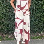White Abstract Print Button Back Vest and Wide Leg Pants Set