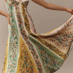 Sweet Garden Linen Blend Color Block Floral Paneled Maxi Dress