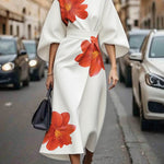 Three-Quarter Sleeves Asymmetric Floral Printed Split-Joint Round-Neck Midi Dresses