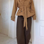 Camel tie waist short trench coat