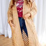 Knit Cable Cotout Long Sleeve Pocket Oversized Midi Cardigan