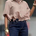 Loose Short Sleeves Ruffled Split-Joint Lapel Blouses