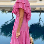 Cotton Blend Ruffle One Shoulder Belt Maxi Dress