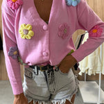 Ezro Knit Colorful Dimensional Flowers Button Up Loose Cardigan