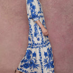 Loose Puff Sleeves Floral Printed Pleated Split-Joint Tied Waist Lapel Maxi Dresses Shirt Dress