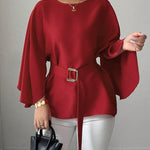 Batwing Sleeves Split-Joint Tied Waist Round-Neck Blouses&Shirts Tops