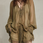 Bohemian Style Chiffon Blouse & Shorts Set With Lace Trim