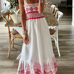 Malibu Villa Ethnic Printed Smocked Shoulder Tie Maxi Dress