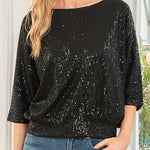 Solid Color Sequined Loose Round Neck Casual Top
