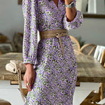 V-neck Multi Print Midi Dress