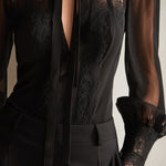 Retro Elegant Lace Stand-up Collar Tie Neck Chiffon Blouse