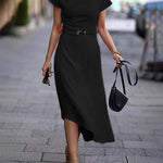 A-Line Loose Asymmetric Solid Color Mock Neck Midi Dresses