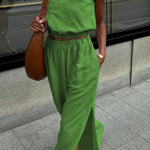 Cotton and Linen Slit Fashionable Two-piece Set