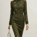 High Waisted Long Sleeves Buttoned Solid Color Split-Joint Zipper Mock Neck Midi Dresses