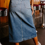 Sky Blue 4 Patch Pockets Front Slit Midi Denim Skirt
