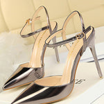 Belt Buckle Pointed-Toe Shiny Split-Joint Pumps Sandals