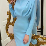 High Waisted Long Sleeves Pleated Solid Color Mock Neck Maxi Dresses Midi Dresses