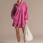 Sporty Retro Pink Cotton Half-Zip Ruffle Sweatshirt Mini Dress