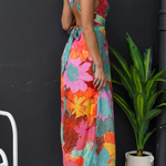 V Neck Sleeveless Tie Back Slit Floral Print Maxi Dress