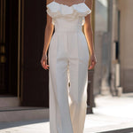 Ruffled Off-Shoulder Tailored Wide-Leg Jumpsuit