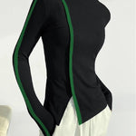 Long Sleeves Skinny Contrast Color Split-side High-neck T-Shirts Tops