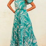 One Shoulder Drawstring Waist Printed Flowy Maxi Dress