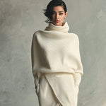 Women's Cream Elegant Rib - Knit Cowl Neck Wrap Skirt Set