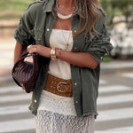 Khaki Green Denim Overshirt with Pink Crochet Mandala