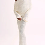 Marisol Ribbed Boucle Material Draped Off Shoulder Stretch Vacation Maxi Dress