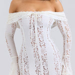 Floral Lace Off Shoulder Flare Sleeve Fishtail Maxi Dresses-White