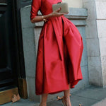 A-Line Loose Pleated Pockets Solid Color Split-Joint Round-Neck Midi Dresses