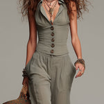 Retro Cotton And Linen Fitted Vest & Wide-leg Pants Set