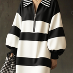 Long Sleeves Puff Sleeves Contrast Color Striped Zipper Lapel Mini Dresses