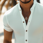 Men's Summer Basic Stand Collar Textured Short Sleeve Shirt