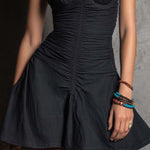 Boho-Vintage Elegant Faux-Denim Ruched Mini Dress