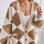 V-neck geometric patchwork contrasting knitted cardigan casual loose jacket
