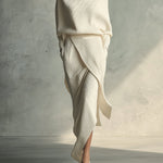 Women's Cream Elegant Rib - Knit Cowl Neck Wrap Skirt Set