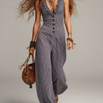 Retro Striped Cotton Jumpsuit With Ruffled Neckline And Straight Legs