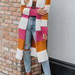 Knitted Color Block Open Front Long Cardigan