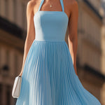 Sky Blue Halter Pleated Maxi Dress