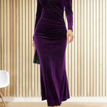 Solid Velvet Long Sleeve V Neck Slim Fit Fishtail Maxi Dress
