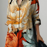 Long Sleeves Loose Flower Print Lapel Maxi Dresses Shirt Dress