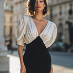 Elegant Two-Tone Puff Sleeve V-Neck Bodycon Mini Dress