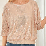 Solid Color Sequined Loose Round Neck Casual Top