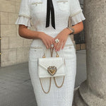 Elegant Plisse Tweed Pearl Trim Velvet Bow Design Formal Midi Dress