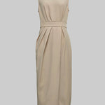 High Waisted Loose Pleated Solid Color Round-Neck Midi Dresses