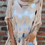 Solid Color Loose-fitting Openwork Casual Knit Top