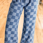Dusk Blue Checkered Light Washed Wide Leg Jeans